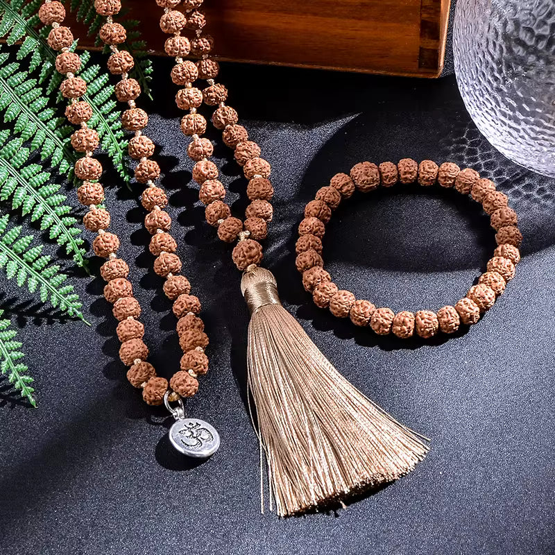 Natural Rudraksha Mala Necklace & Bracelet Set