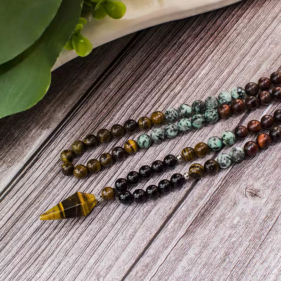 Mixed Gemstone Necklace with Onyx Turquoise Tiger Eye
