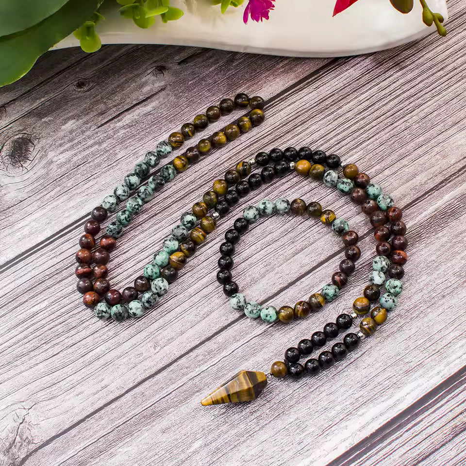 Mixed Gemstone Necklace with Onyx Turquoise Tiger Eye